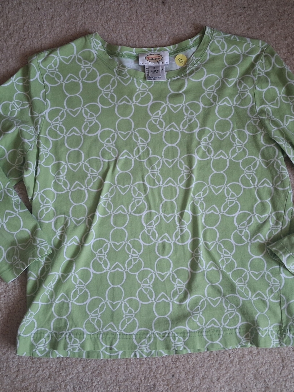Talbots Light Green Long Sleeve Geometric Print Top